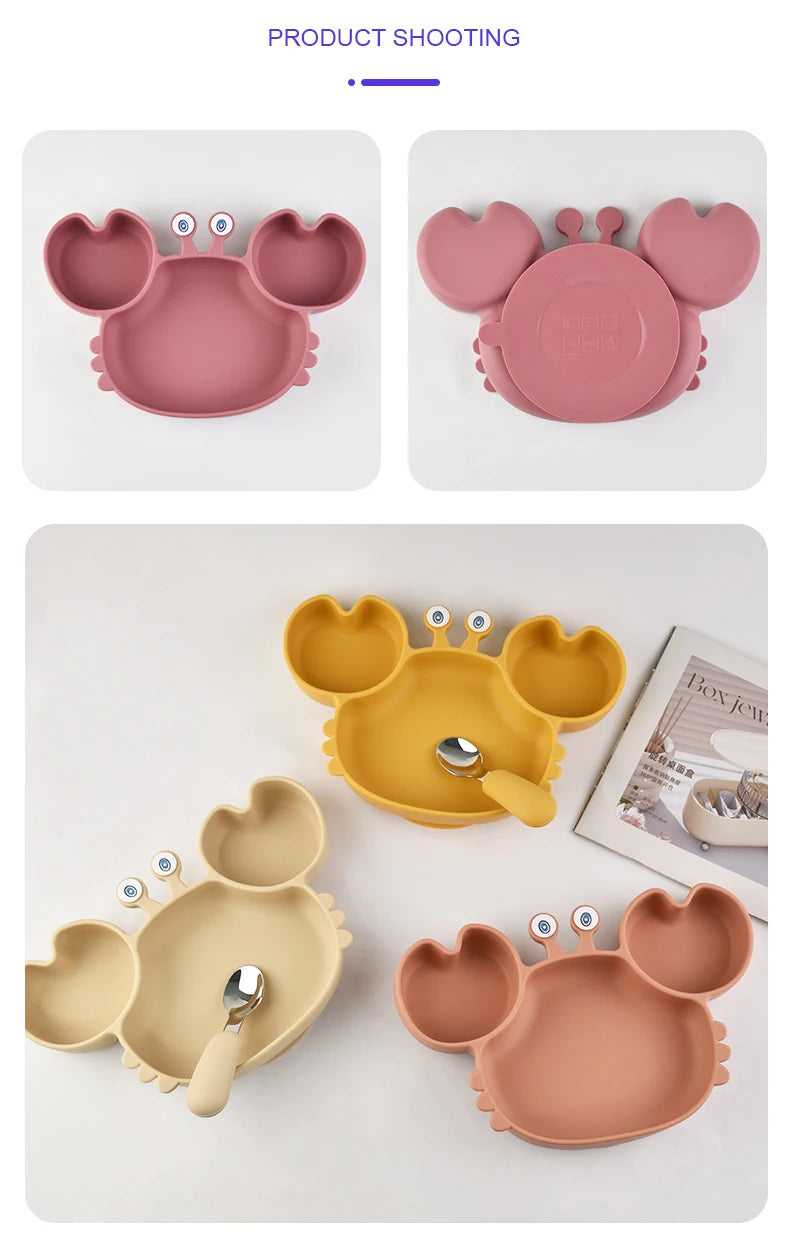 Baby Bowls Plates Fork spoon Set Silicone Suction Feeding Food Tableware BPA Free Non-Slip Baby Dishes Crab Food Feeding Bowl