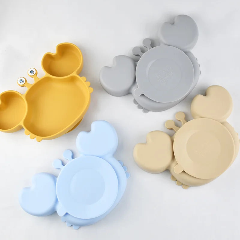 Baby Bowls Plates Fork spoon Set Silicone Suction Feeding Food Tableware BPA Free Non-Slip Baby Dishes Crab Food Feeding Bowl