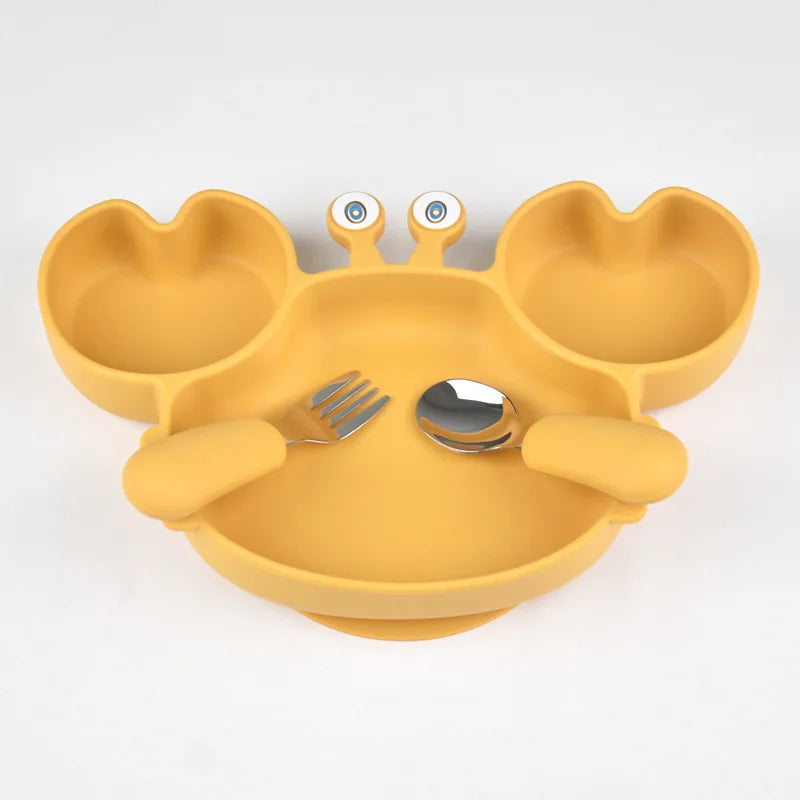 Baby Bowls Plates Fork spoon Set Silicone Suction Feeding Food Tableware BPA Free Non-Slip Baby Dishes Crab Food Feeding Bowl