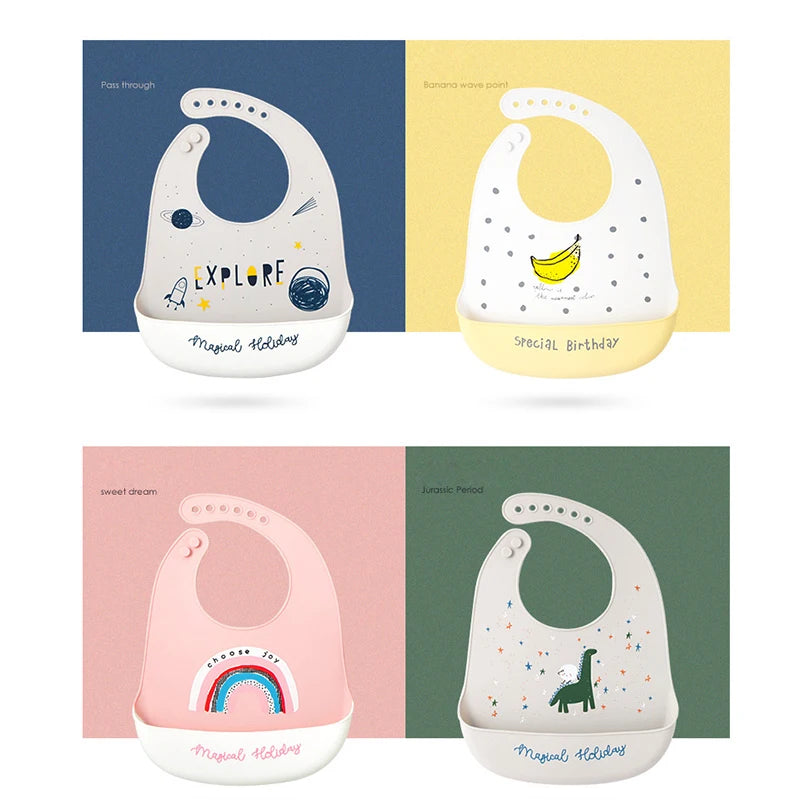 Baby Waterproof Silicone Bibs Cartoon Printed Ultra Thin Kids Eating Bibs Adjustable Soft Silicone Feeding Bib for Infants