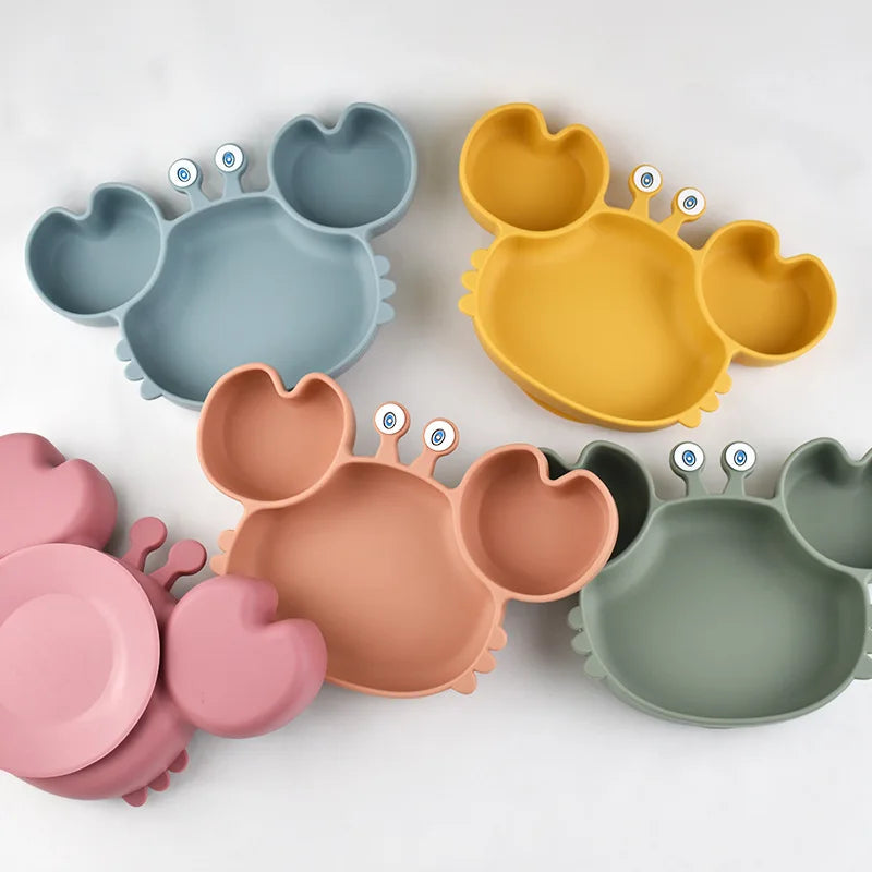 Baby Bowls Plates Fork spoon Set Silicone Suction Feeding Food Tableware BPA Free Non-Slip Baby Dishes Crab Food Feeding Bowl