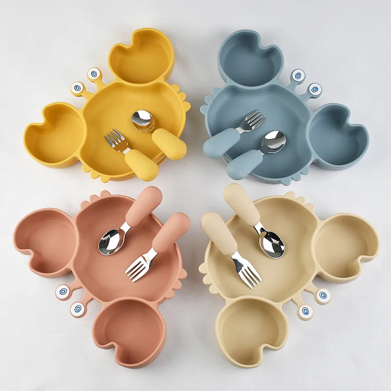 Baby Bowls Plates Fork spoon Set Silicone Suction Feeding Food Tableware BPA Free Non-Slip Baby Dishes Crab Food Feeding Bowl