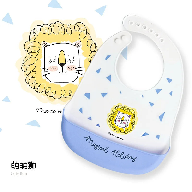 Baby Waterproof Silicone Bibs Cartoon Printed Ultra Thin Kids Eating Bibs Adjustable Soft Silicone Feeding Bib for Infants