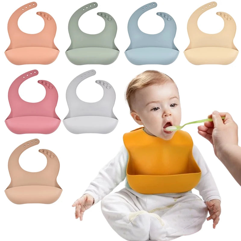 Baby Silicone Bib Waterproof Soft Solid Color 4-speed Adjustable Bibs Newborn Lunch Feeding Saliva Pocke Kids Eating Accessories