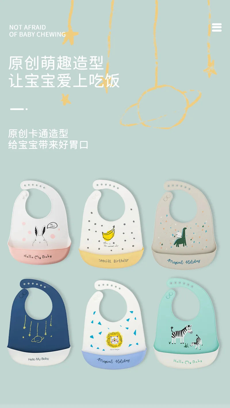 Baby Silicone Bibs Waterproof Soft Saliva Towel Cute Cartoon Printed Adjustable Children Girl Boy Lunch Feeding Stuff Bib