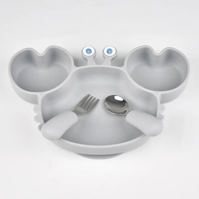 Baby Bowls Plates Fork spoon Set Silicone Suction Feeding Food Tableware BPA Free Non-Slip Baby Dishes Crab Food Feeding Bowl